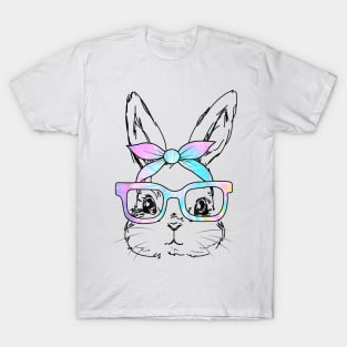 Cute Bunny Rabbit Face Tie Dye Glasses Girl Happy Easter Day T-Shirt